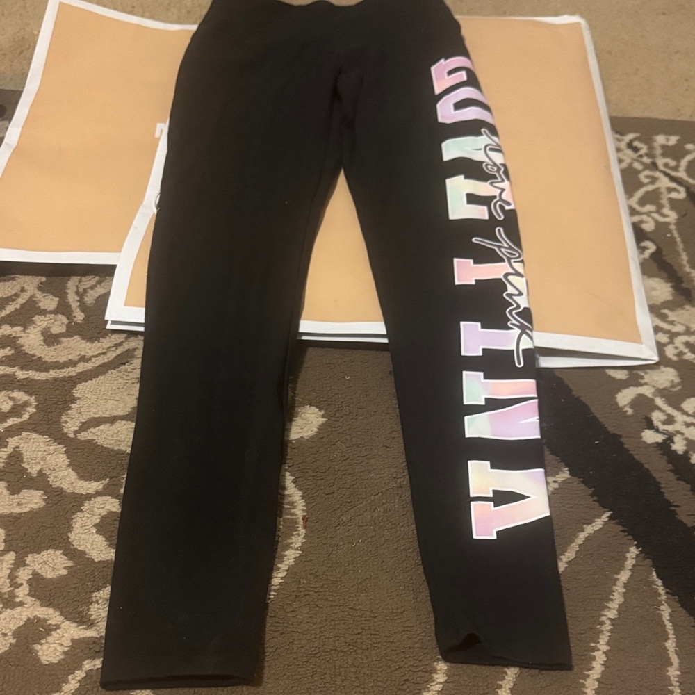 PINK Black Leggings with Pastel “Love Pink” Side Logo